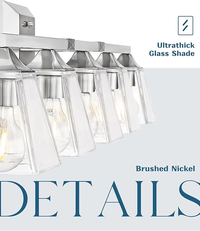 Bathroom Vanity Light 5-Light, HWH Bathroom Lighting Fixtures Over Mirror Brushed Nickel, Modern Vanity Wall Lamp with Square Bell Glass Shade, 5HY68B-5W BN