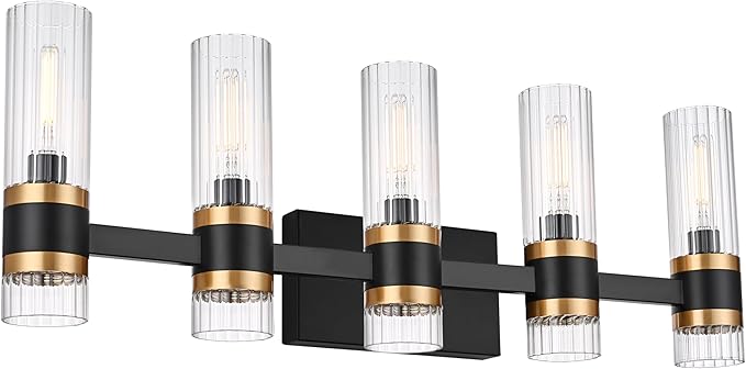 MELUCEE 5-Light Bathroom Lights Over Mirror in Black Finish, Farmhouse Vanity Lights with Ribbed Clear Glass Shade Indoor Metal Wall Light Fixtures for Kitchen Powder Room Foyer, E12 Base