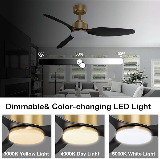 48 Inch Smart Ceiling Fans with LED Lights Remote,Quiet DC Motor,Dimmable,Outdoor Indoor Gold Black Ceiling Fan Controlled by WIFI Alexa App,for Modern Bedroom Living Room Patio Porch