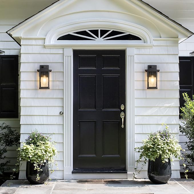 Outdoor Wall Sconce, Outside Porch Light Fixtures, Wall Mount Anti-Rust Exterior Wall Lights in Wood Grain Finish & Black Finish with Seeded Glass for Garage Doorway Entryway