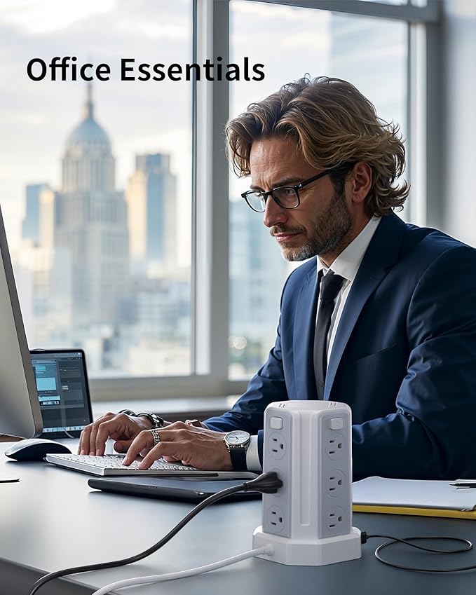 Power Strip Surge Protector, 10 Ft Extension Cord with 12 AC Multiple Outlets 4 USB (1 USB C), SMALLRT Power Tower Desktop Charging Station (White, 6.5 FT)