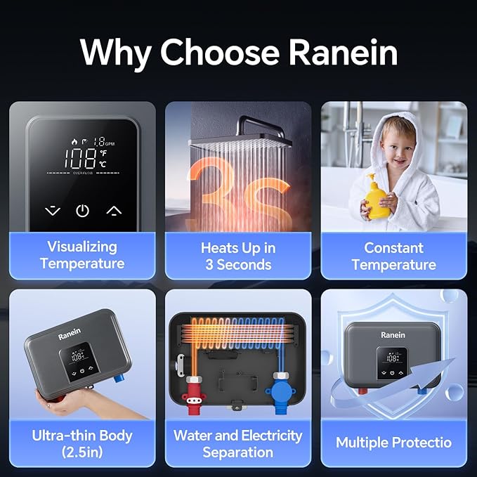 Ranein 4.5 kW 110v Electric Tankless Water Heater Ultra - Instant On-Demand Under-Sink Point-of-Use Heater for Bars, Hair Salons, Touch, CSA Certified with LED Digital Display