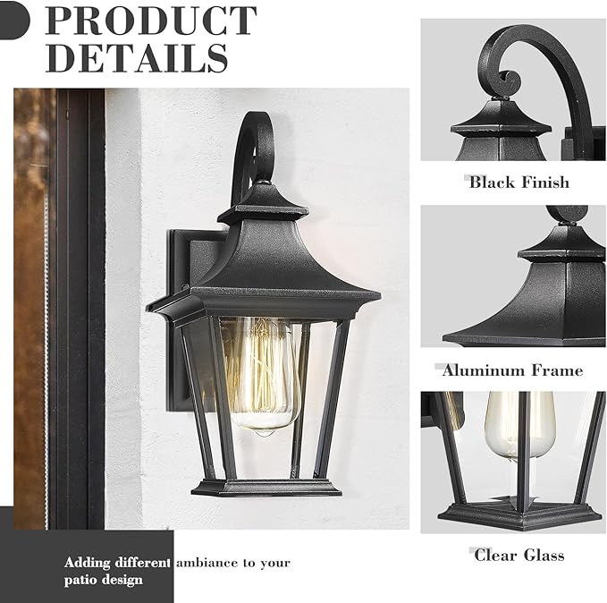 Emliviar Outdoor Porch Light, Modern Outside Wall Light Fixture for House Garage, Clear Glass in Black Finish, 12" Height, XE219B BK