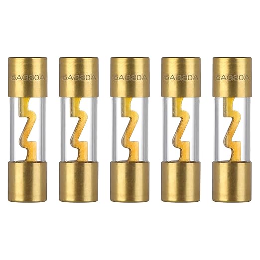 80A AGU Fuse 80 Amp Gold Plated Glass Inline Automobile Audio Fuses for Car Auto Stereo Amplifier Safety Power Protection 12V (Pack of 5 Pcs)