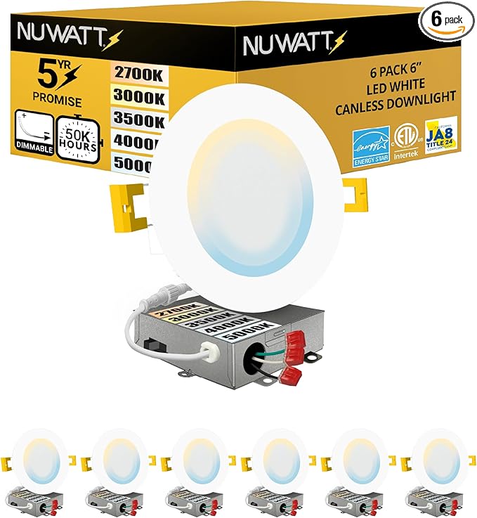 NUWATT 6 Pack, 6 Inch Ultra-Thin LED Recessed Lighting, CCT 2700K/3000K/3500K/4000K/5000K Selectable, 1050LM, 15W, Dimmable, IC Rated, Wet Rated, White Trim Canless Slim Wafer Light with Junction Box