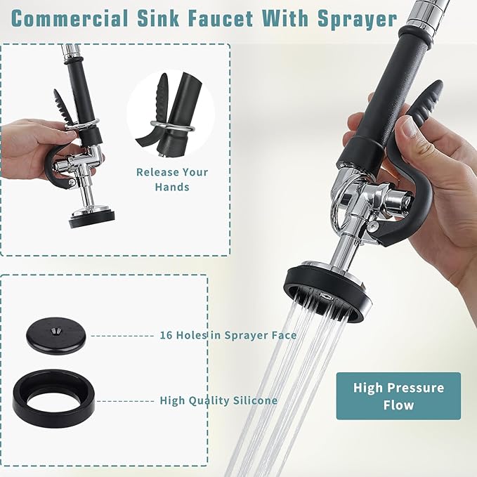 Fapully Commercial Kitchen Faucet,Wall Mount Kitchen Sink Faucet with Pre-Rinse Pull Down Sprayer,25‘’ Height 8'' Center 3 Compartment Sink Faucets with 12.2'' Swing Spout Chrome