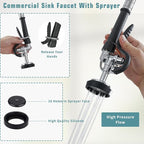 Fapully Commercial Kitchen Faucet,Wall Mount Kitchen Sink Faucet with Pre-Rinse Pull Down Sprayer,25‘’ Height 8'' Center 3 Compartment Sink Faucets with 12.2'' Swing Spout Chrome