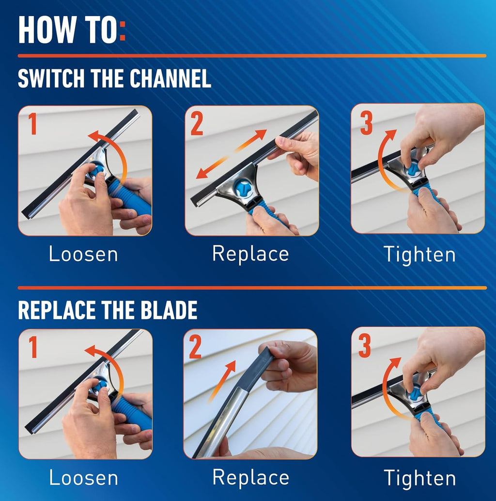 Unger Professional Connect and Clean 18” EZ Change Window and Glass Cleaning Squeegee, Large and Small Windows, Rubber Blade Tool for Streak-Free Results, Includes 12” Channel