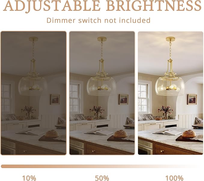 Industrial Round Chandelier Rustic Ceiling Light Fixture 3-Light Farmhouse Pendant Light with Seeded Glass Shade for Dining Room Hallway Entryway Kitchen Bedroom, Gold