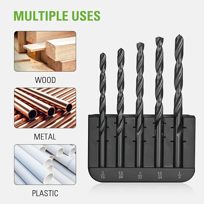 Greenworks 14 Pcs Black Oxide Drilling Bit Set,135 Degree Split Point, Black Oxide Coated, For Plastic, Wood and Metal