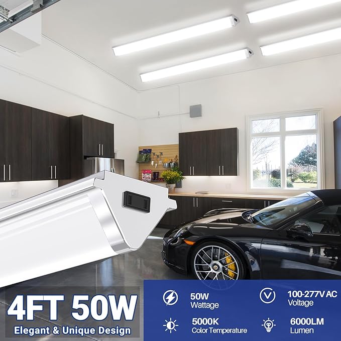 ANTLUX Linkable 4FT LED Shop Lights, 50W, 6000LM, 4 Foot LED Light Fixtures, 5000K Daylight White, 48 Inch Triangle Ceiling Lighting Fixtures for Garage, Workshop, Hanging or Flush Mount, 4 Pack