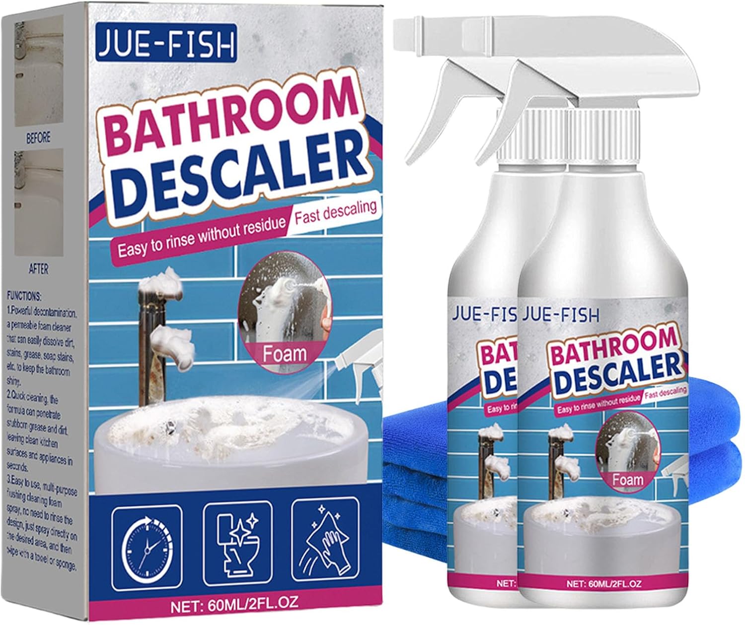 Lanenow Jue-Fish Bathroom Descaler Foam Cleaner - Stubborn Stains Remover, Fresh Scent, All Purpose Bubble Spray (2pcs)