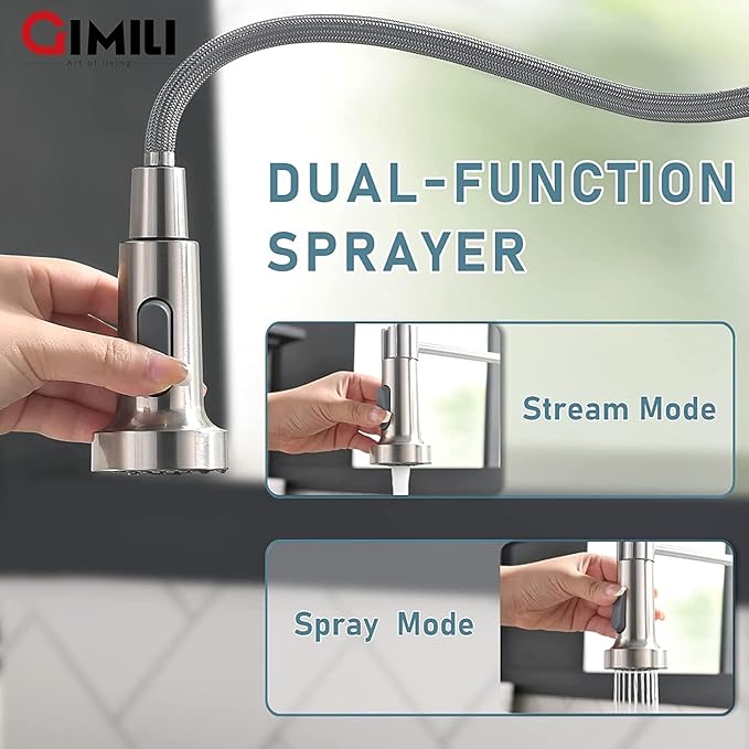 GIMILI Kitchen Faucet with Soap Dispenser, Commercial Single Handle Spring Brushed Nickel Pull Out Kitchen Sink Faucets with Pull Down Sprayer