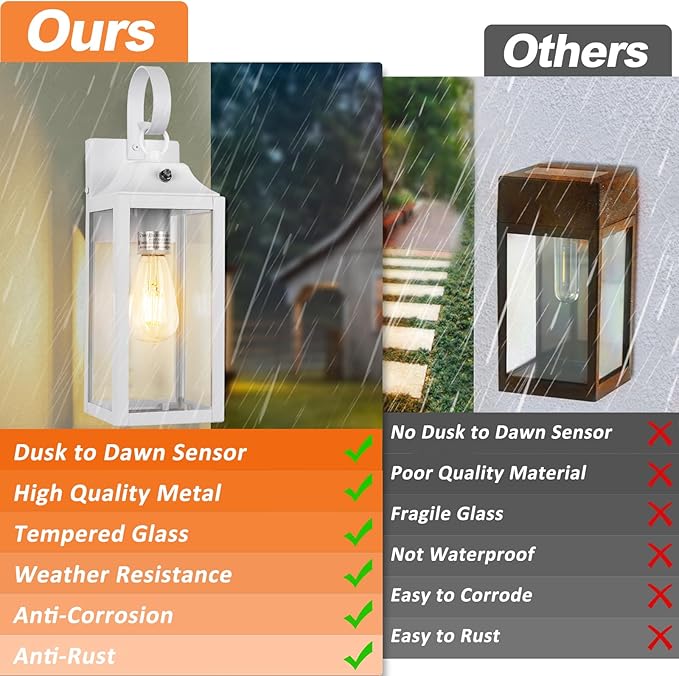 Dusk to Dawn Wall Lights 2 Pack, White Outdoor Light Fixtures, 15 Inch Exterior Wall Sconces Waterproof, Large Outside Lights for House, Modern Wall Lanterns Clear Glass