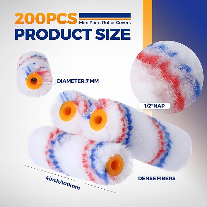 Leumoi 500 Pcs 4 Inch Paint Roller Mini Rollers Covers 1/2" Nap Microfiber Roll Covers Bulk, Small Home Repair Tools Refills House Painting Supplies Household for DIY(Red Blue)
