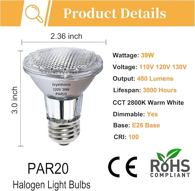 PAR20 Flood 39W 120V 480 Lumens- 6 Pack PAR20 Flood Light Bulbs with E26 Base, PAR 20 Dimmable 2800K Warm White, Long Lasting 39W PAR 20 Bulb for Recessed Lighting & Hood Range Light Bulbs