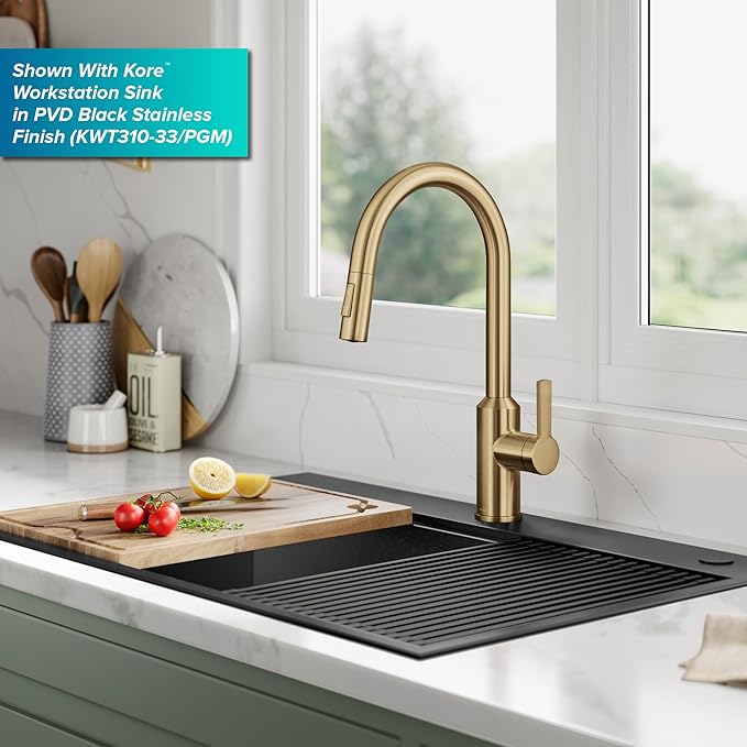 Kraus Oletto Kitchen Faucets Touchless Sensor Single Handle Pull-Down Sprayer in Brushed Brass, KSF-2830BB