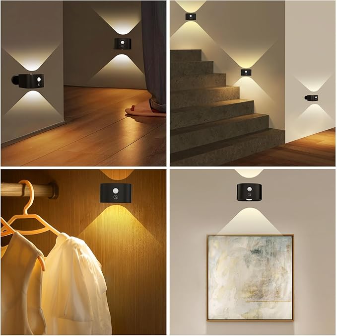 Motion Sensor Wall Sconces of 2PCS, Cordless Auto Motion Activated LED Wall Lights 360°Rotate& Rechargeable Battery Operated, 3 Brightness, Indoor Motion Detection Wall Lamps for Hallway Stairway