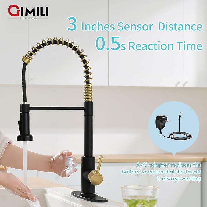 GIMILI Black and Gold Touchless Kitchen Faucet with AC Adapter, Smart Motion Sensor Hands Free Single Handle Kitchen Sink Faucet with Pull Down Sprayer
