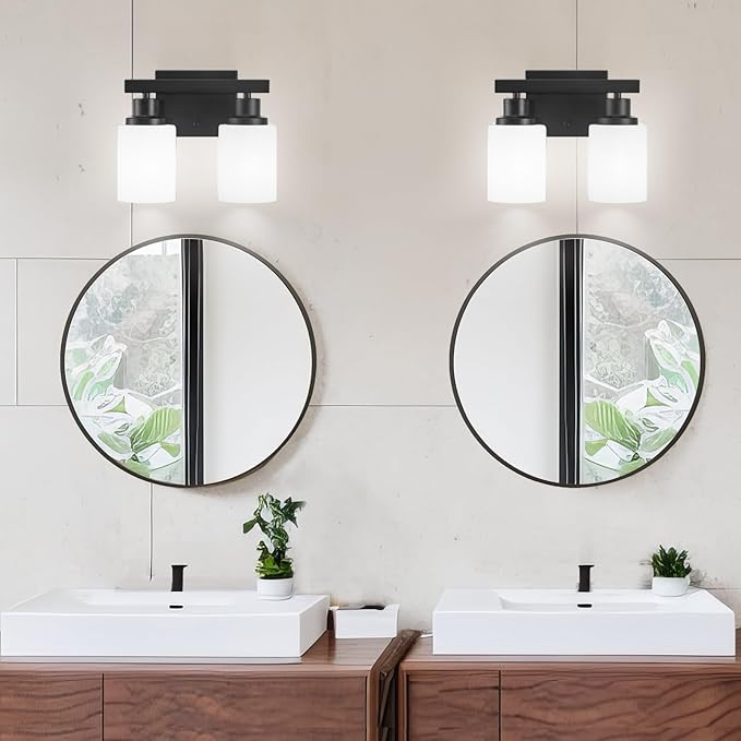 Bathroom Light Fixtures Over Mirror, 2-Light Modern Matte Black Vanity Lights with White Frosted Glass Shade, Bathroom Wall Lamp Sconces for Mirror Bedroom, Living Room Hallway Small Space