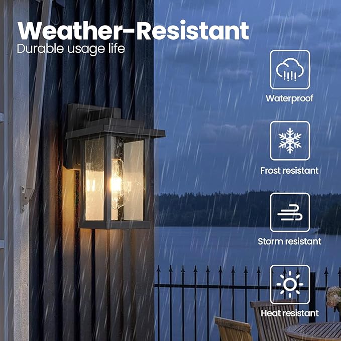 Black Exterior Light Fixtures 2 Pack, Farmhouse Outdoor Wall Sconce, Modern Front Porch Light with Seeded Glass for House Patio Garage Entrace