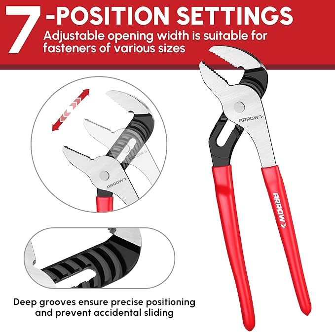 ARROW Groove Joint Pliers, 10" Adjustable Water Pump Pliers with 7 Jaw Positions, Serrated Jaws and Comfort Dip-grip Handle, Ideal for Plumbing Repair and Home Maintenance