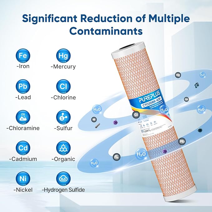 PUREPLUS 5 Micron 20" x 4.5" Whole House Coconut Shell Activated Carbon and KDF Water Filter, Heavy Metal Removal Replacement Water Filter, CTO20BB-KDF, 1 PACK