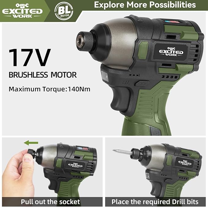17V Brushless Screwdriver Drill Set, 140Nm Cordless Impact Driver & 55Nm Electric Drill with 3 Adjustable Speed, 2 Batteries and Led Work Light