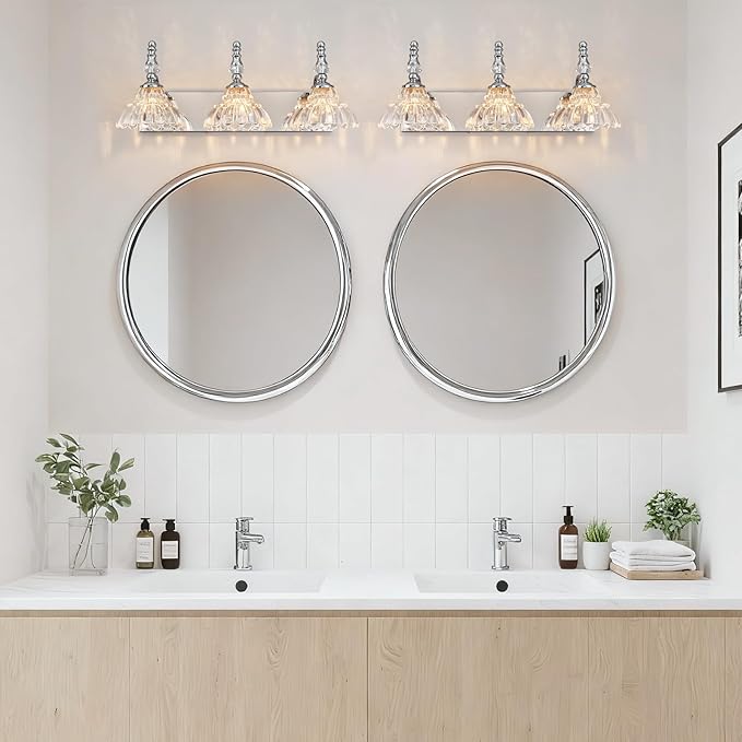 Vintage Bathroom Vanity Light, 3-Light Chrome Vanity Lighting Fixture with Flower Glass Shade, Bathroom Lighting Fixtures Over Mirror