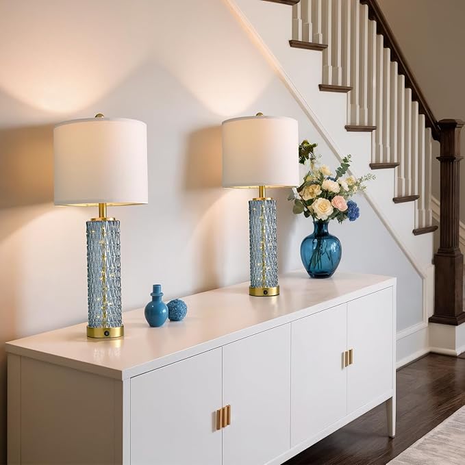 Oneach 27.75” Table Lamps Set of 2, Blue Modern Bedside Lamp with LED Night Light, USB A+C, Glass Lamps for Living Room, Bedroom, Nightstand, Office, End Table (2 Bulbs Included)