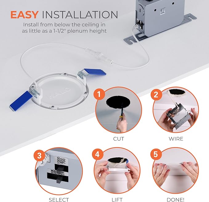 HALO 4 inch LED Recessed Ceiling Light 6-Pack Canless Dimmable with Selectable Lumens and Selectable Color Temperature 2700K-5000K Indoor Outdoor Wet Location Airtight Ultra Slim HLB4LSFS5-6PK