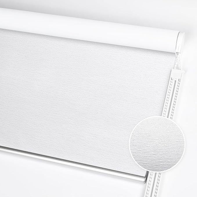 ALLBRIGHT 100% Blackout Roller Blinds Woven Shades with Striped Jacquard, Cordless Window Shades, UV Protection Fabric, Easy-Install for Indoor Home & Office, White, 27" W x 72" H