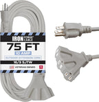 Iron Forge Cable 75 ft Gray Outdoor Extension Cord with Multiple Outlets, 16/3 SJTW 75 Foot Grey Outdoor & Indoor Extension Cord with 3 Outlets, 3 Prong, Weatherproof 10 Amp Heavy Duty Power Cable