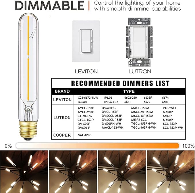 E26 Tubular LED Bulb 4W Equal 40 Watt Soft White 3000K Dimmable E26 Edison AC120V 400lm Tube T9 T10 LED Light Bulb for Rustic Pendant,Chandeliers,Wall sconces,6Pack