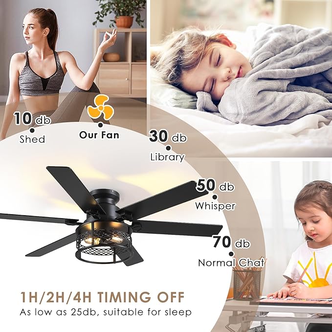 52inch Low Profile Ceiling Fan with Light and Remote,Farmhouse DIY Caged Flush Mount Ceiling Fan with Reversible DC Motor Dual Finish 6 Blades,6 Speed Black Fandelier for Patio,Bedroom,Livingroom