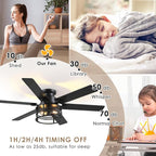 52inch Low Profile Ceiling Fan with Light and Remote,Farmhouse DIY Caged Flush Mount Ceiling Fan with Reversible DC Motor Dual Finish 6 Blades,6 Speed Black Fandelier for Patio,Bedroom,Livingroom