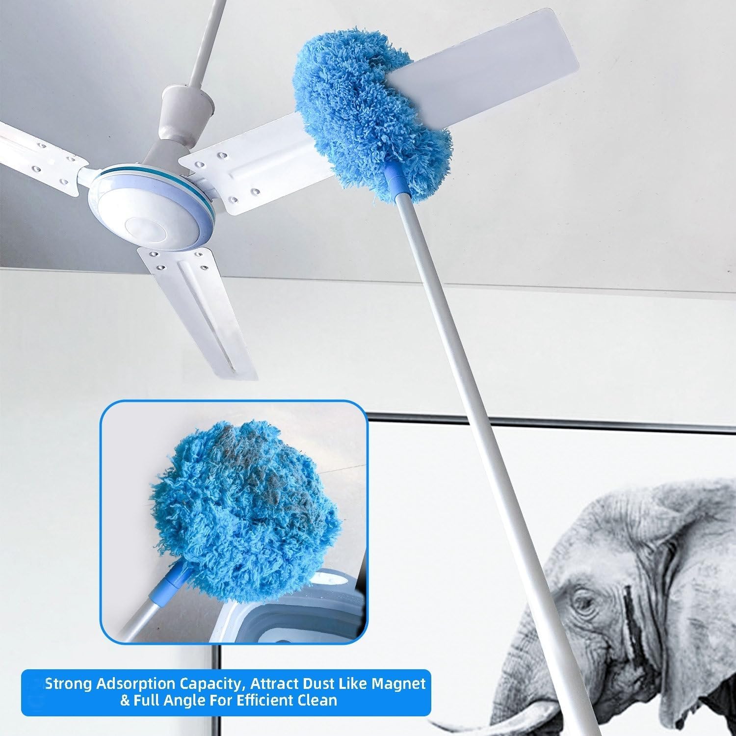 Ceiling Fan Duster Retractable Ceiling Cleaner Reusable Microfiber Ceiling Fan Blade Cleaner Duster with Extension Pole 13 to 50 inch for Furniture Bookshelves Wall Door Blue