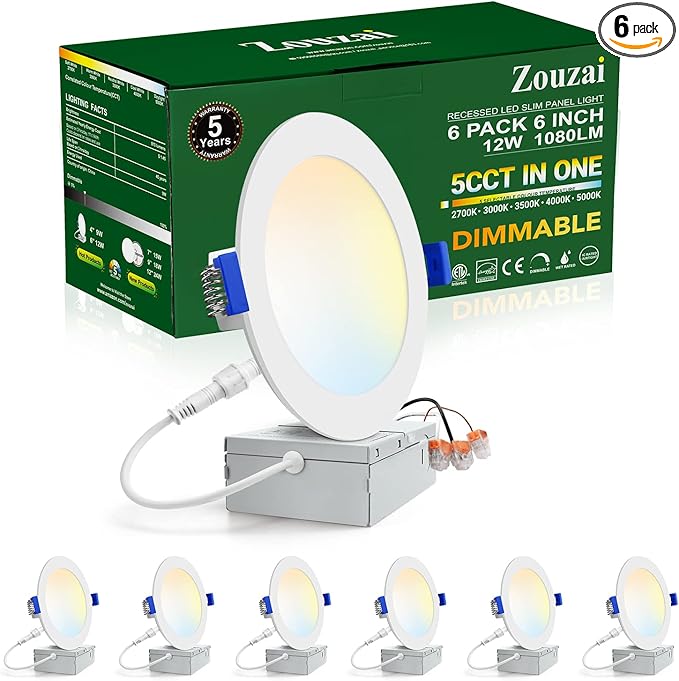 zouzai 6 Inch 5CCT Ultra-Thin LED Recessed Ceiling Light with Junction Box, 2700K/3000K/3500K/4000K/5000K Selectable, 12W Eqv 110W,Dimmable, led can Lights- ETL and Energy Star Certified【 6 Pack 】