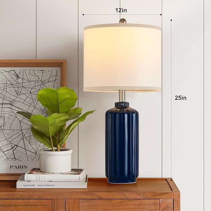 Lamp for Living Room Bedroom Lamps Farmhouse Table Lamps Set of 2 Vertical Stripe Ceramic Table Lamp,Linen Shade with Bulb, 25 in High,Navy Blue