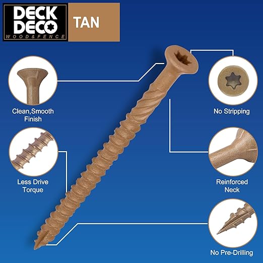 Wood Screws #8 x 2 133pcs(Approx), Tan Ruspert Coating Exterior Deck Screws, Torx/Star Drive Flat Head,Twist Shank, Cut Tip/Thread, Bit Included, 1 lb/Box