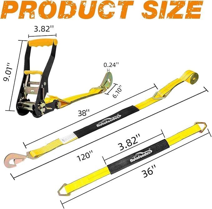 Heavy Duty Adjustable Car Tie Down Kit with Snap Hooks -Break Strength 10,000 lbs-Working Load 3333 lbs-Bonus Includes 4 Pack 36" Axle Straps with D-Ring(Yellow)
