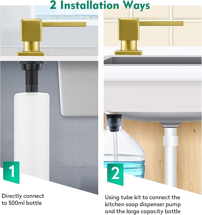 CREA Brushed Gold Soap Dispenser for Kitchen Sink, Kitchen Soap Dispenser Gold Square Built in Sink Soap Dispenser for Bathroom with 17 OZ Bottle