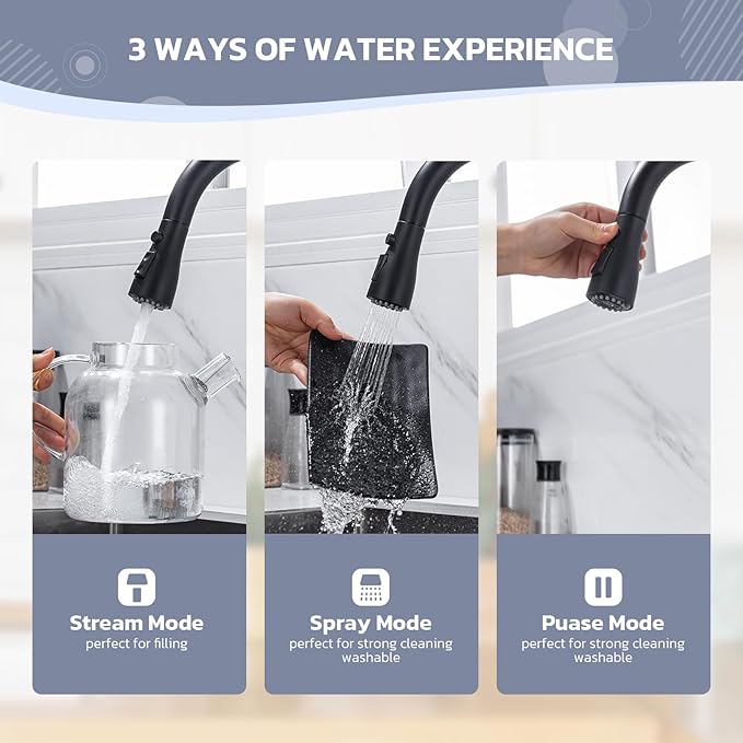 WEWE Black Kitchen Faucet with Soap Dispenser, Kitchen Sink Faucet with Pull Down Sprayer 3 Modes Stainless Steel Single Handle Single Hole Pull Out Matte Black Faucet for Bar Laundry RV Utility Sink