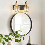 Modern Bathroom Vanity Light, 2-Light Black Gold Wall Sconce with Crystal Accents, Over Mirror Bathroom Lighting Fixture, 13.77" Long Dimmable Vanity Lamp for Makeup, Easy Installation