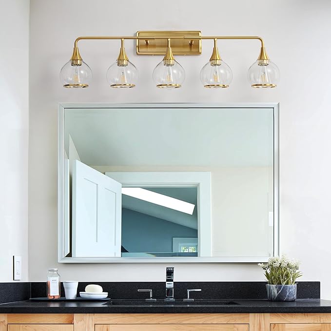 Gold Bathroom Vanity Light 5-Lights Bathroom Light Fixtures Over Mirror with Clear Glass Shade 39.2 inch Wall Sconce Lighting Bath(Exclude E26 Bulb)