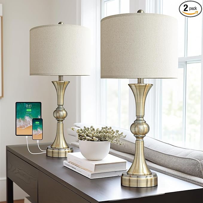 OYEARS 28" Table Lamps for Living Room Set of 2, Bedside Lamps for Night Stands Bedroom Lamps Farmhouse Lamp End Table Bed Side Lamp with USB C+A Charging Ports (Antique Bronze)