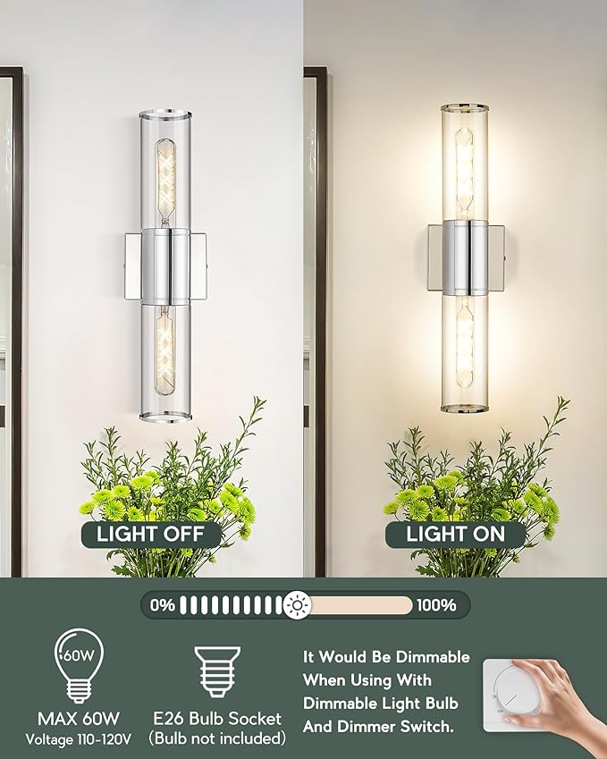 Bathroom Vanity Light Fixtures, Chrome Wall Lights in Clear Glass Indoor Wall Sconce, Modern Wall Light Up and Down Wall Mount Lamp for Bathroom, Bedroom, Hallway, Kitchen, VL834-CH-CL