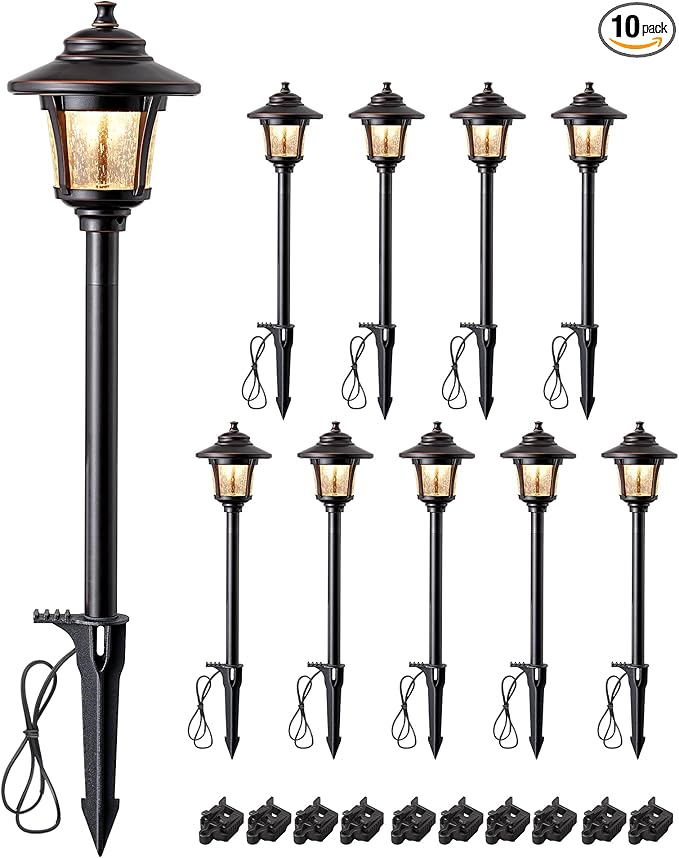 EDISHINE Low Voltage Pathway Lights Wired, 12V 3W 120LM 3000K Seed Glass Outdoor Landscape Lighting with Connectors, ORB Waterproof Electric LED Landscape Path Lights for Walkway Garden Yard, 10 Pack