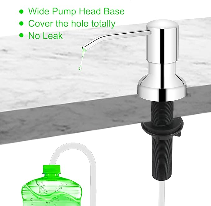 Soap Dispenser for Kitchen Sink, Sink Soap Dispenser with Longer Threaded Shaft Shank, 47" Extension Tube Connects Directly to Dish Soap Container, Wider Pump Head Base（Chrome）