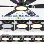 55in Black Flush Mount Ceiling Fan - RGB Low Profile Ceiling Fan Light with Remote-APP, Dimmable and 3CCT, Modern Fan with RGB Light for Indoor and Covered Outdoor